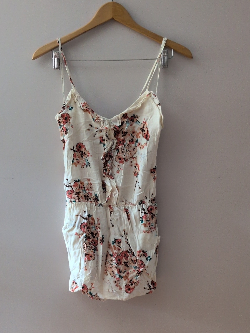 Romper - Cream Floral Spaghetti Strap Top with Pink and Teal Accents